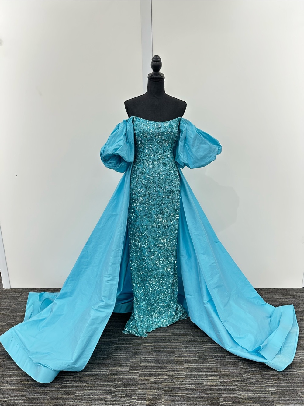 Sherri Hill Turquoise Off-Shoulder Beaded Prom Gown with Dramatic Overskirt